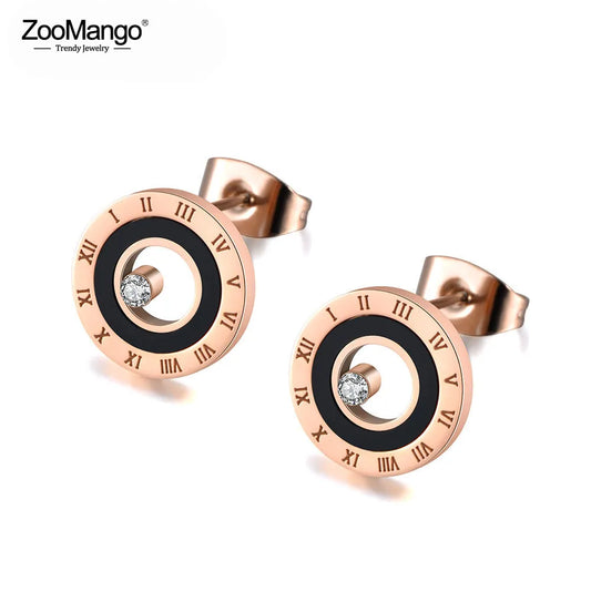 ZooMango Stainless Steel Black Acrylic Circle Roman Numeral Earrings