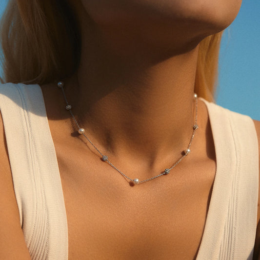 Sterling Silver Zircon Beads & Pearl Chain Necklace